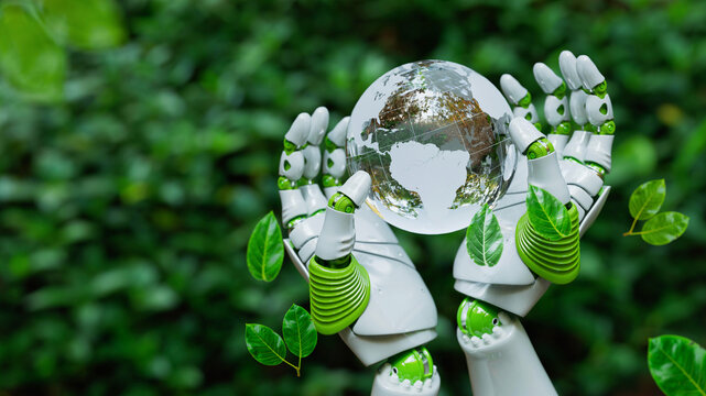 White Robotic Hands Protecting Transparent Globe in Forest