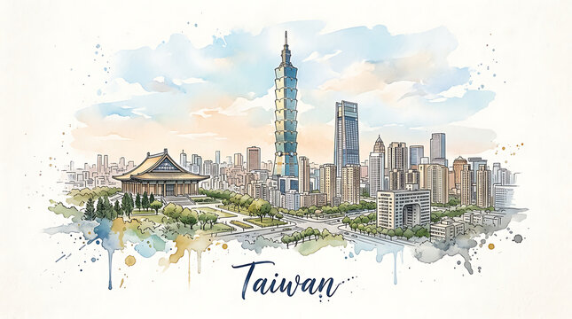 Stylized watercolor depiction of Taiwan's urban skyline featuring Taipei 101 and traditional temples overlooking nature and
