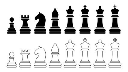 Chess Pieces Line Art and Silhouette Vector Set, Strategy Game  chess board game pieces set, King Queen Pawn Design Element © designpro