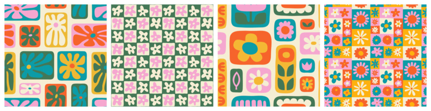 Colorful floral seamless pattern illustration set. Vintage style hippie flower background design collection. Geometric checkered wallpaper print, spring season nature backdrop texture with flowers.