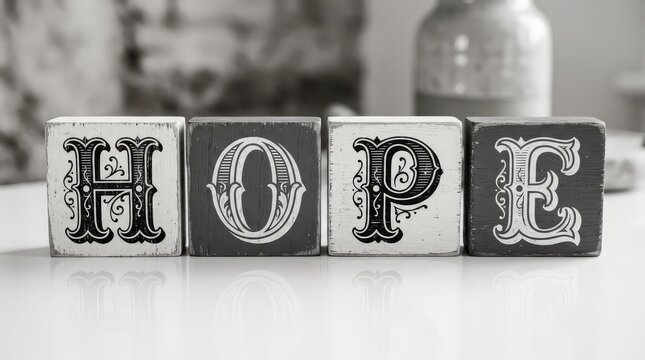 Black and white wooden blocks spelling hope arranged on reflective surface for inspirational home decor with ornate lettering spelling resting smooth reflective
