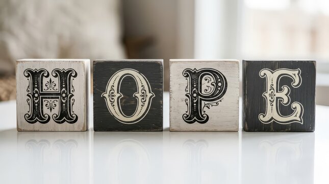 Rustic wooden blocks arranged in a row spelling out the word hope against blurred background with vintage typography spelling white reflective surface