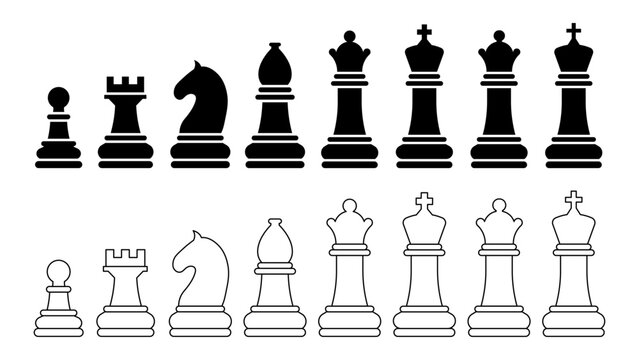 Chess Pieces Line Art and Silhouette Vector Set, Strategy Game  chess board game pieces set, King Queen Pawn Design Element