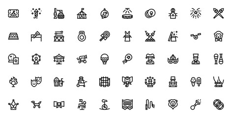 Circus icon set. Minimalist vector icons pack. Featuring ticket, fireworks, circus tent, clown, magician, ferris wheel, carousel, balloon, lion, hula hoop and more. © wang