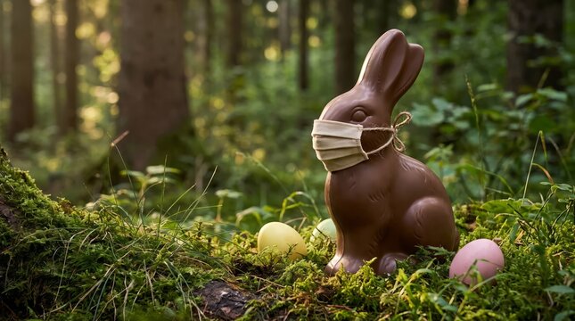 Chocolate easter bunny wearing protective face mask standing among colorful eggs in mossy forest setting with chocolate rabbit figurine fabric mask surrounded