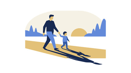 Fototapeta premium Father and son walking together holding hands during a beautiful sunset. EPS Editable. Vector Illustrations.