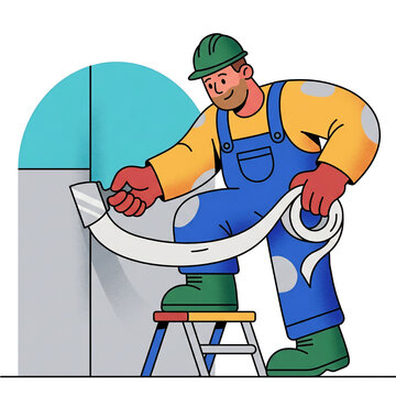 Professional handyman worker in blue overalls and hard hat applying drywall tape with a spatula on a ladder illustration