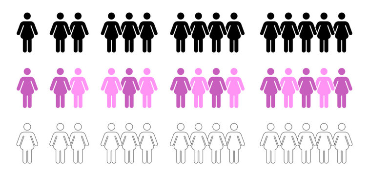 Women Group Team Size Vector Set, Female User Crowd Population Indicator Icon Collection
