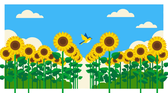 Flat illustration of sunflower field with bird flying in blue sky. EPS Editable. Vector Illustrations.