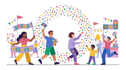 Naklejka premium Happy diverse people celebrating festival with colorful confetti and flags. EPS Editable. Vector Illustrations.
