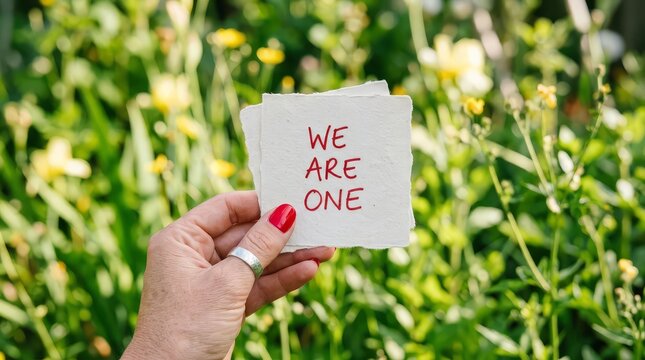 Woman holding handmade paper note displaying inspirational message about unity amidst lush green garden foliage with out focus background green plants