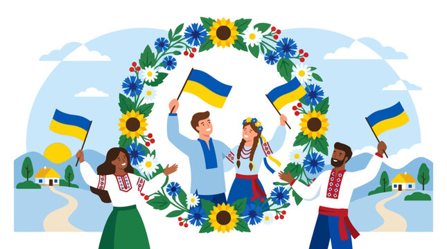 Happy Ukrainian people celebrating with national flags and floral wreath. EPS Editable. Vector Illustrations.