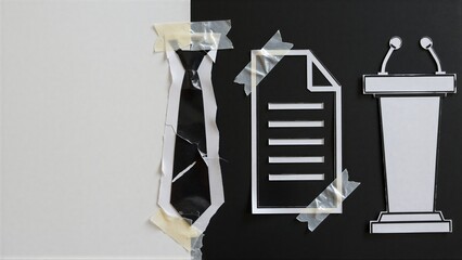Obraz premium Tie, document, and podium cutouts taped to split black-white background.