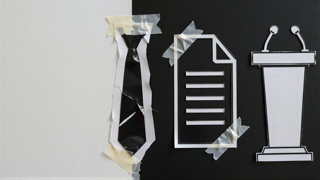 Tie, document, and podium cutouts taped to split black-white background.