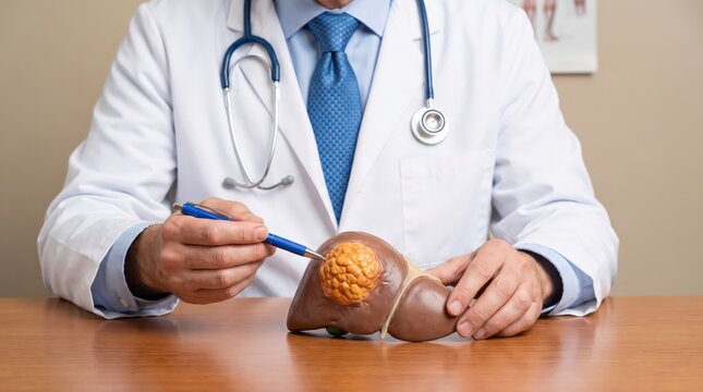 Medical professional explaining liver anatomy model demonstrating pathological growth during clinical consultation session within office setting