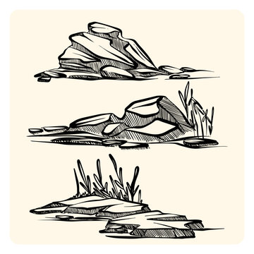 Hand Drawn Landscape Rock Elements Line Art Doodle Set