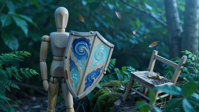 Wooden figure holds shield in misty forest, leaves drift near empty chair.