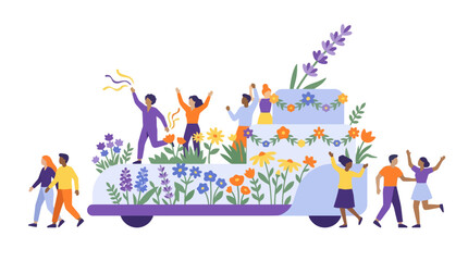 Fototapeta premium People celebrating on a floral parade float with flowers and decorations. EPS Editable. Vector Illustrations.