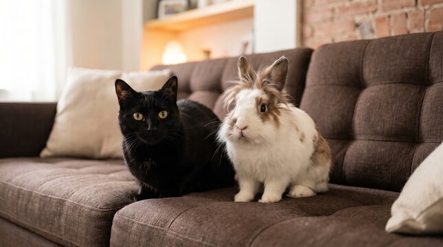 Black cat and fluffy rabbit sitting together on a comfortable brown fabric living room sofa with white fluffy companionship togetherness domesticated