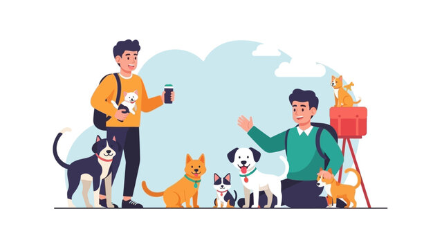Two men with multiple pets including dogs and cats.