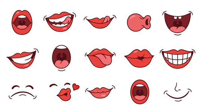 Set of 15 cartoon mouth and lip expressions in red and pink flat design style, featuring various emotions like smiling, laughing, kissing, and pouting isolated on white background.