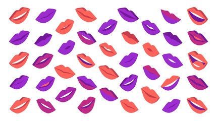 Obraz premium Flat design isometric illustration showing a pattern of stylized human lips in red, purple, and coral shades. 3D mouth icons with smiling expressions isolated on white background for design.