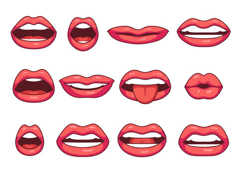 Collection of twelve vector-style red female lip illustrations showing diverse expressions including smiling, speaking, open mouth, tongue out, and pouting isolated on a white background.