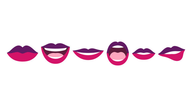 Flat vector illustration set of female lips with various expressions including smiling, laughing, biting, and screaming, rendered in pink and purple tones on a white background.