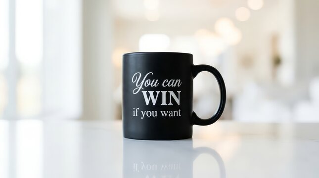 Motivational black ceramic mug featuring white typography standing centered upon a reflective white surface with surface blurred interior text standing bright