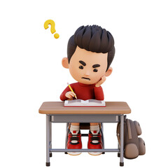 3D Young Boy Confused While Studying Difficulty Learning Concept