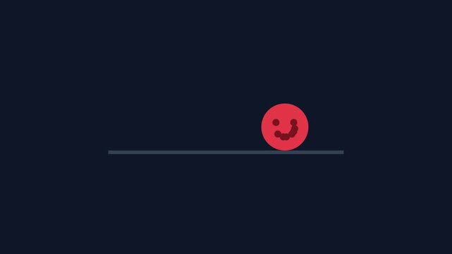 Minimalist red smiley face ball rolling animation on dark 4k background, motion smiley face, red ball