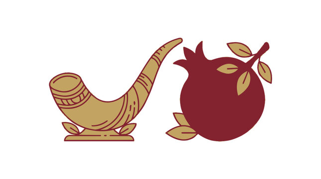 Rosh Hashanah Shofar and Pomegranate Illustration. EPS Editable. Vector Illustrations.