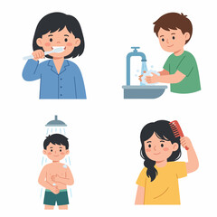 Fototapeta premium Children hygiene routine brushing teeth washing hands taking shower and combing hair illustrations