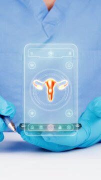 Doctor using a telemedicine and AI mobile app for digital uterine monitoring and early gynecological disease detection. Modern gynecology concept.