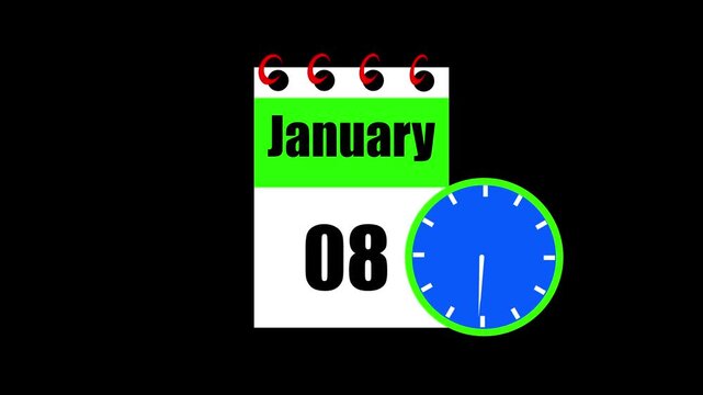 January month 08 date calendar icon animation. Animated Calendar Icon Showing Date Change with Clock Symbol for Appointment Scheduling and Deadlines. Modern design calendar symbol background 4k video.