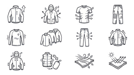 Collection of hand-drawn icons depicting various types of technical outdoor clothing and their features. © Faiz