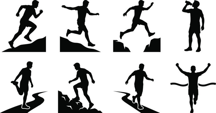 Trail Running Silhouette Collection with Sprinting Jumping Hydration and Finish Line Vector Set
