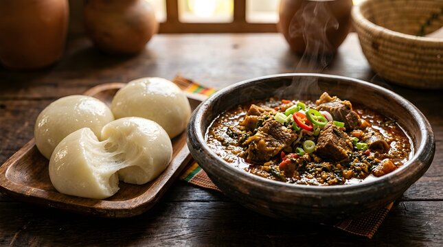 West African egusi soup with meat stew and pounded fufu in stone bowl, traditional Nigerian dish