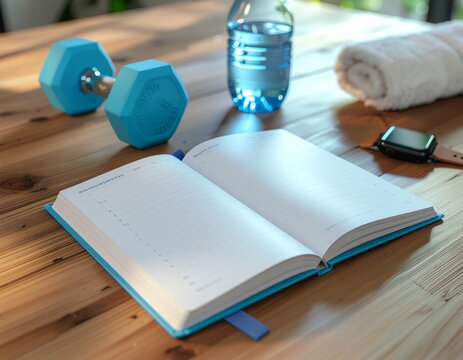 Fitness Journal with Weekly Workout Plan, Dumbbells, Smartwatch and Water Bottle on Wooden Table
