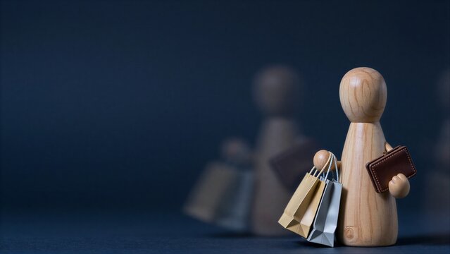 Wooden figure carries shopping bags and wallet, symbolizing consumerism against dark background.