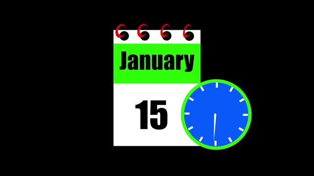 January month 15 date calendar icon animation. Animated Calendar Icon Showing Date Change with Clock Symbol for Appointment Scheduling and Deadlines. Modern design calendar symbol background 4k video.