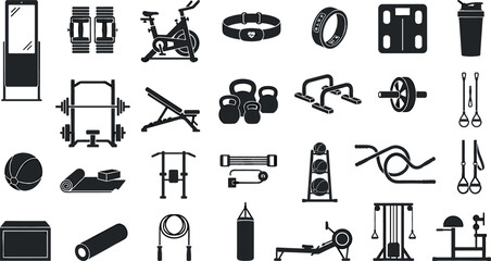 Fitness and Home Gym Equipment Icon Set with Workout Machinery, Bodyweight Training Symbols, Strength Exercises, and Crossfit Athletic Gear for Healthy Lifestyle Designs © amzad