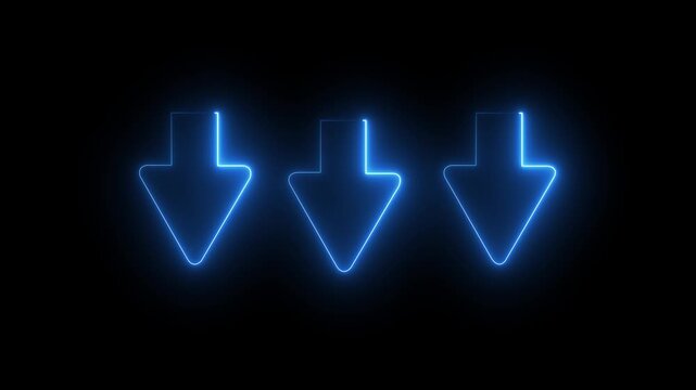 Glowing colorful neon light arrows on black background. Animation of seamless loop. down arrow ,4K Video motion graphic. Animation of glowing colorful neon arrows