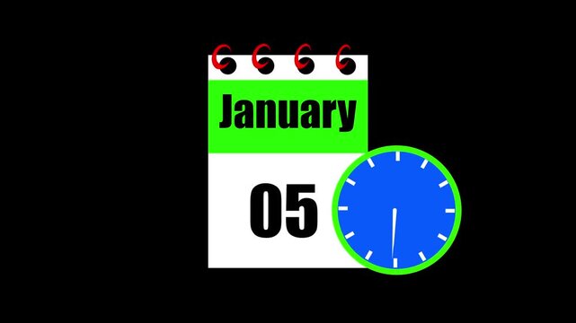 January month 05 date calendar icon animation. Animated Calendar Icon Showing Date Change with Clock Symbol for Appointment Scheduling and Deadlines. Modern design calendar symbol background 4k video.