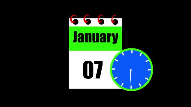 January month 07 date calendar icon animation. Animated Calendar Icon Showing Date Change with Clock Symbol for Appointment Scheduling and Deadlines. Modern design calendar symbol background 4k video.