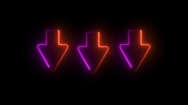 Glowing colorful neon light arrows on black background. Animation of seamless loop. down arrow ,4K Video motion graphic. Animation of glowing colorful neon arrows