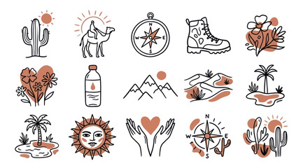 Desert adventure and travel themed doodle icons set with nature elements. © art.Co