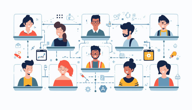 People connected through a digital network illustrate modern remote teamwork and seamless professional communication using vibrant flat vector elements to represent diverse collaboration in virtual.