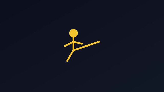 Yellow stick figure character performing a kick with hiya text animation for martial arts and action concepts 4k