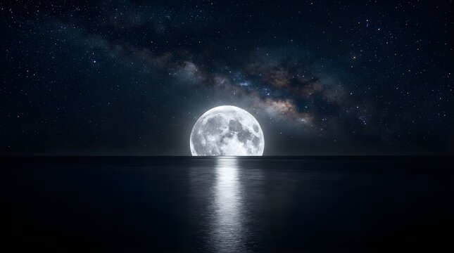 Full moon rising over dark ocean horizon under milky way galaxy sky